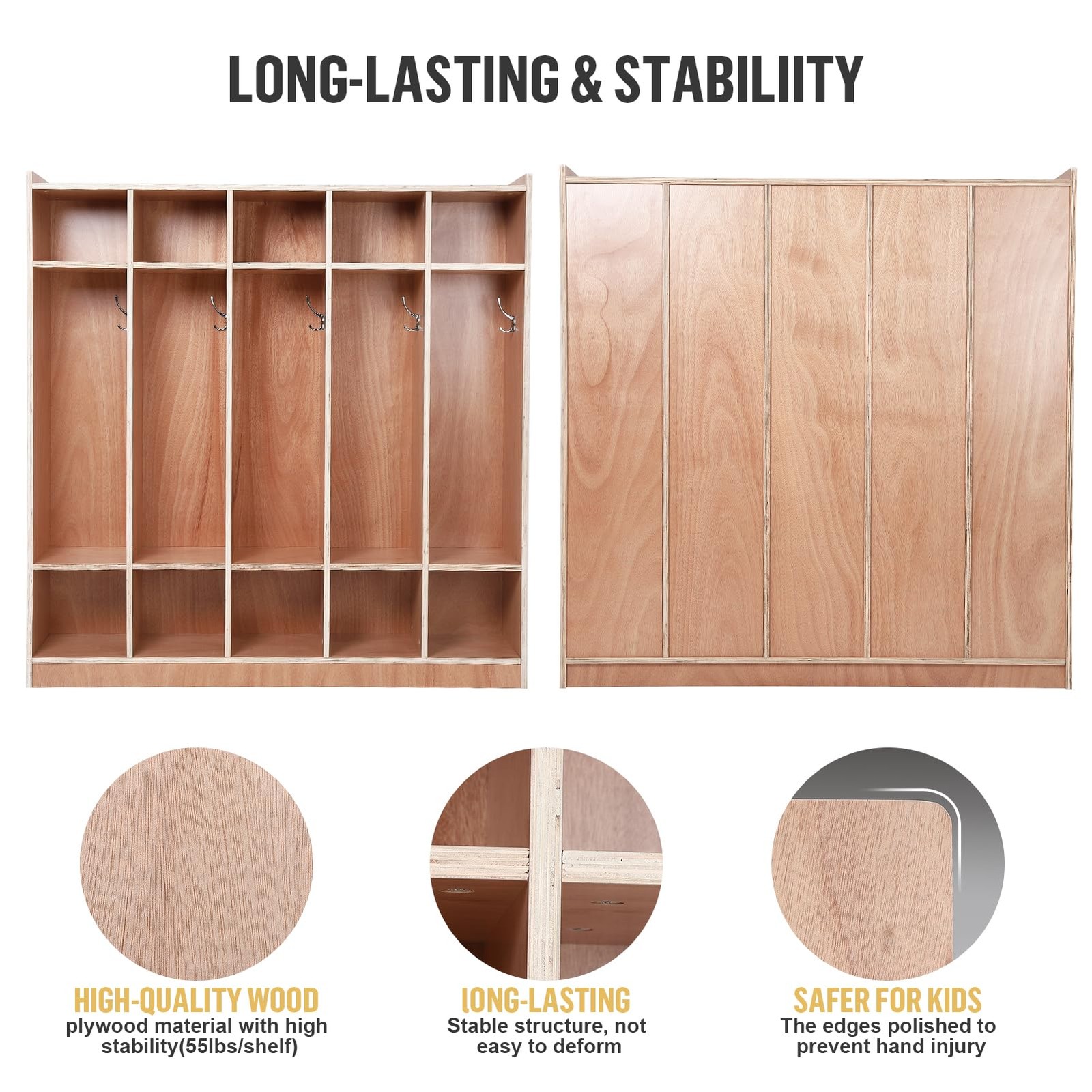 Daycare Cubby 5-Section 10 Cubbies with 4 Hidden Wheels 5 Hooks 2 Storage Boxes