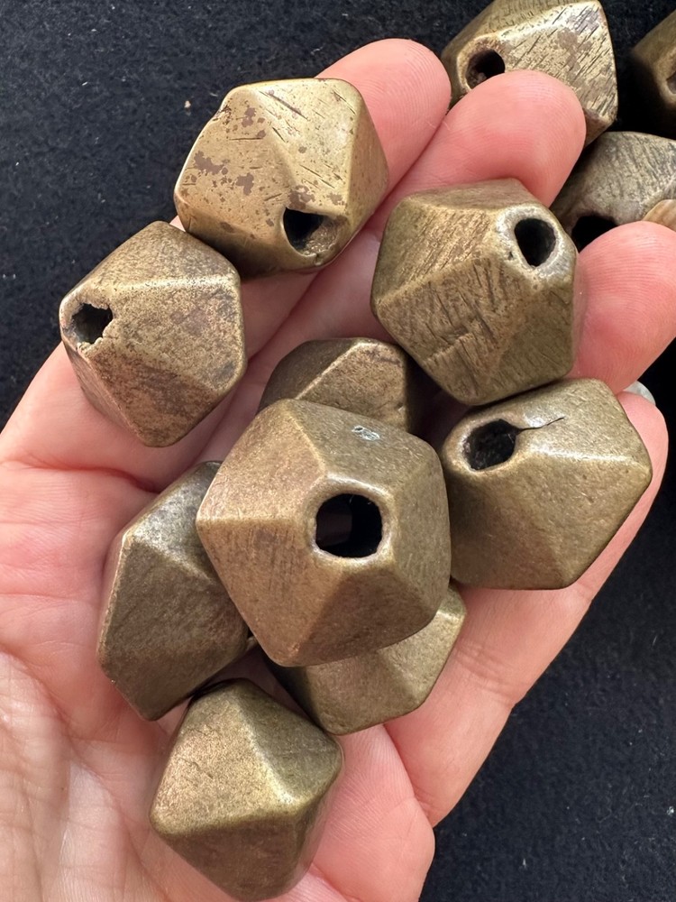 (B) 2 Large Antique Gond India Brass Hexagonal Beads