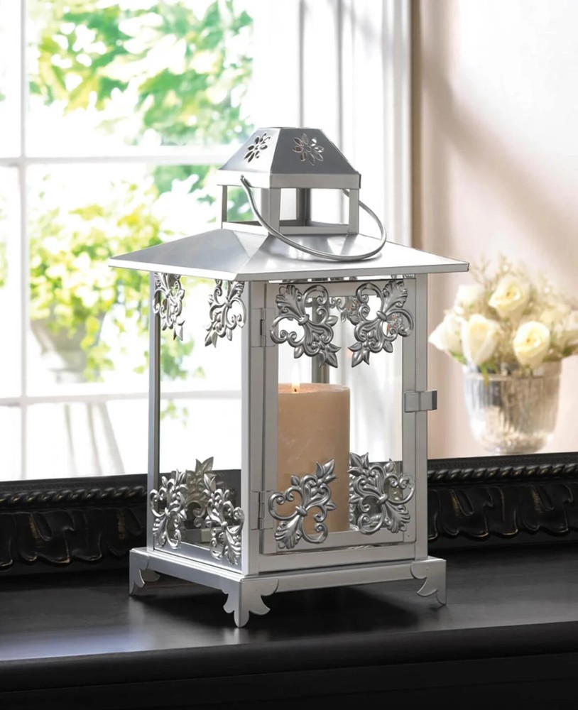 SILVER SCROLLWORK CANDLE LANTERN - 13" HIGH - IRON & GLASS