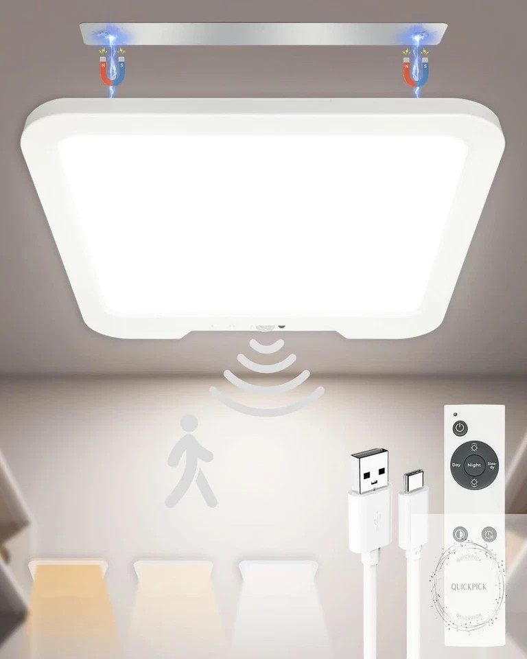 Rechargeable Motion Sensor Ceiling Light with Remote, Dimmable Magnetic Mount