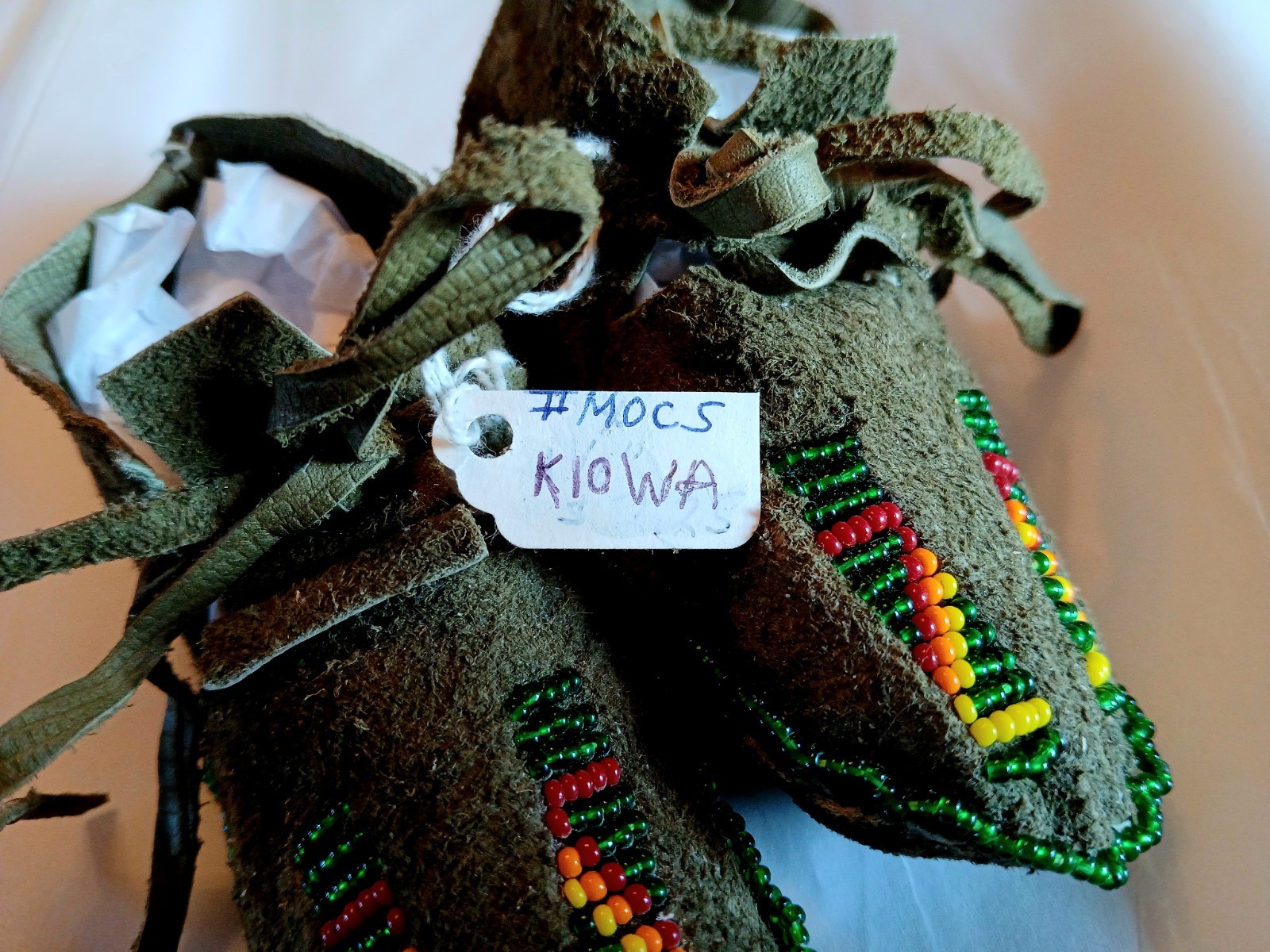 Vintage New Kiowa Green Beaded Baby Moccasins by Maureen Zotigh
