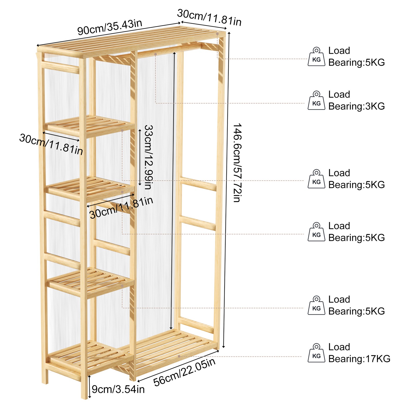 Extra Large Garment Rack Solid Bamboo Clothes Wardrobe Clothing Organizer Shelve