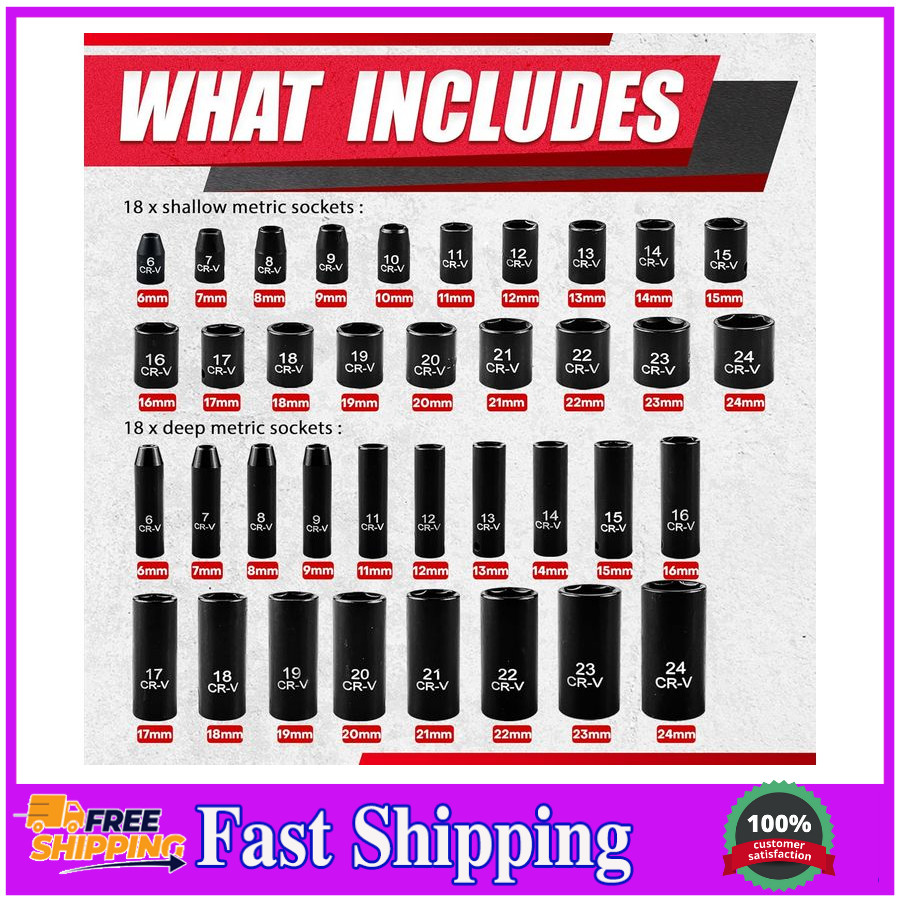 64Pcs 3/8" Socket Set,Drive Impact Socket Set, Sae/Metric, Deep & Shallow, Cr-V