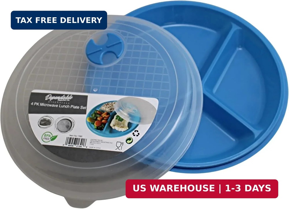 4-Pack Divided Microwave Plates with Vented Lids - BPA-Free, Stackable Meal Prep