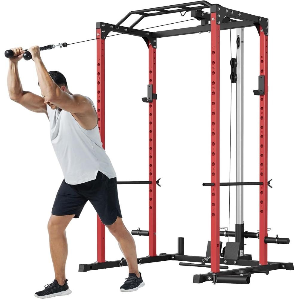 Power Cage w/ LAT Pull Down System, Multi-Functional Squat Rack w/Low Row System