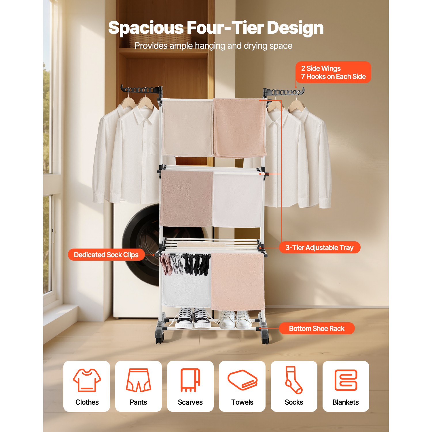 67.5“ Foldable Clothes Drying Rack Rolling Folding 4-Tier Dryer Hanger 4 Castors