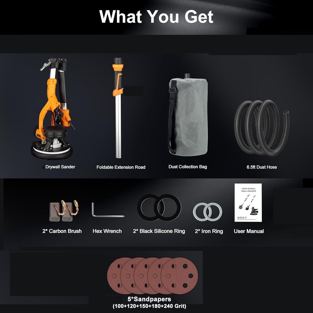 Electric Foldable Drywall Sander 850W Variable Speed w/Automatic Vacuum & Lights