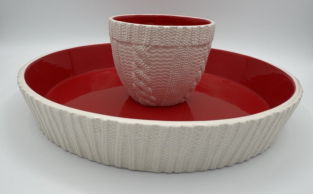 12” Hallmark serving tray w-attached sweater bowl in Center for dip/ Red & White