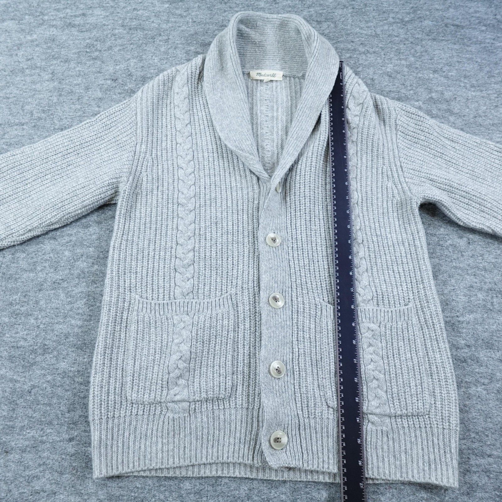 Madewell Sweater Men Medium Gray Shawl Collar Cable Knit Cardigan Merino Wool