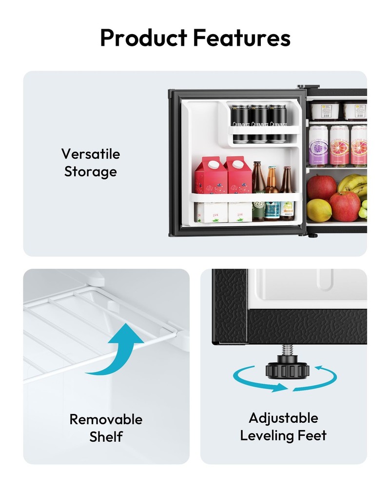 1.7 Cu.Ft Mini Fridge, Reversible Single Door Compact Refrigerator, Adjustabl...