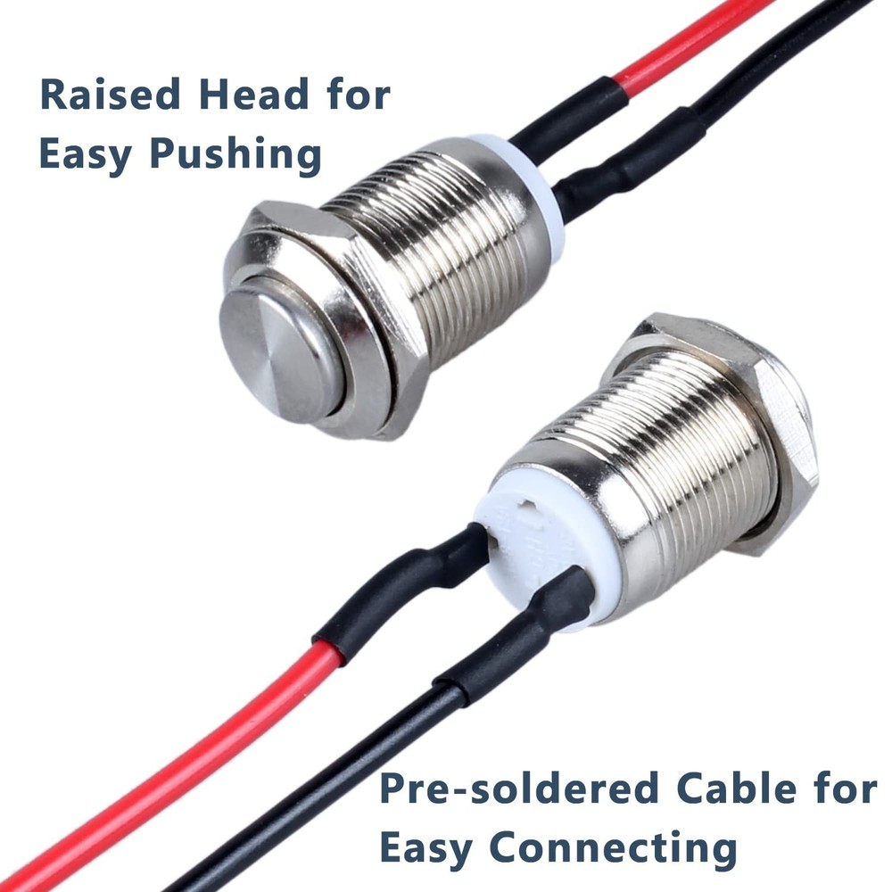 2-Pack 12mm Momentary Metal Waterproof Push Button Switch Raised Head 1/2" Mo...