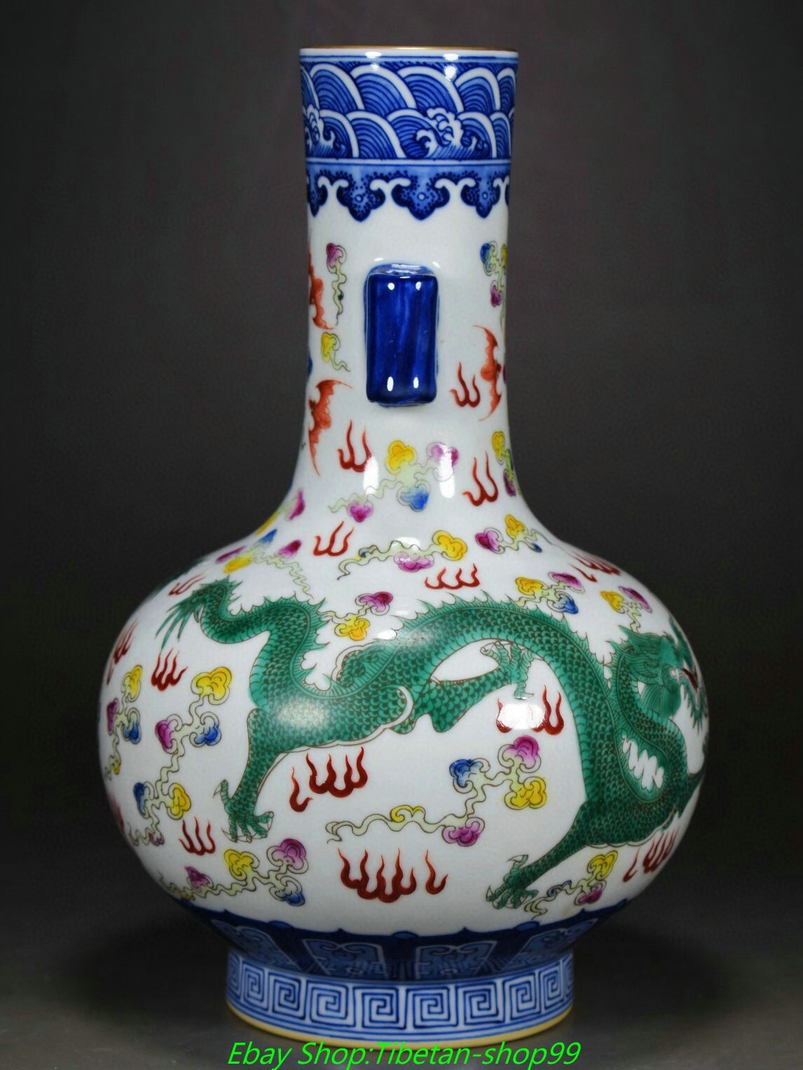 10.2'' Qing Yongzheng Marked Blue White Colour Porcelain Gold Bottle Vase Pair