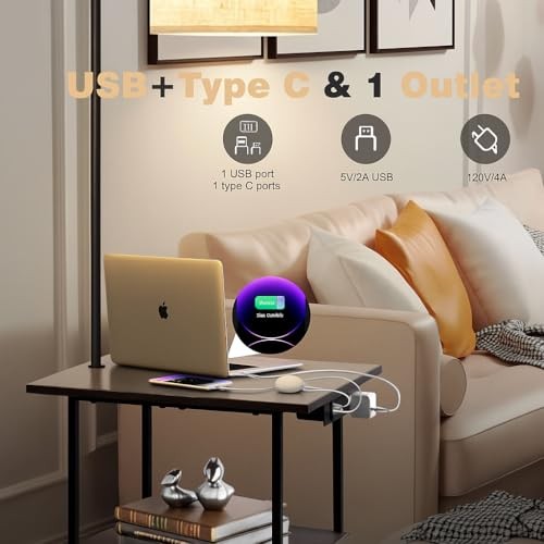 Floor Lamp with Table, End Tables with Charging Station(USB & Rustic Brown