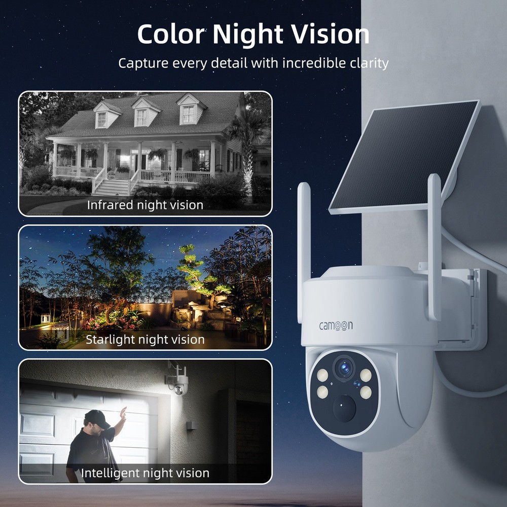 Camoon Home Security Camera System Solar Panel 360°PTZ Wireless 2K Outdoor Audio