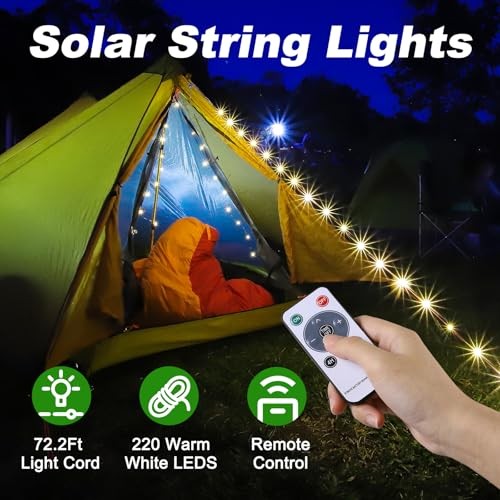 4 in 1 Solar Camping String Lights Ultra Long String with 220LEDs, 72.2Ft