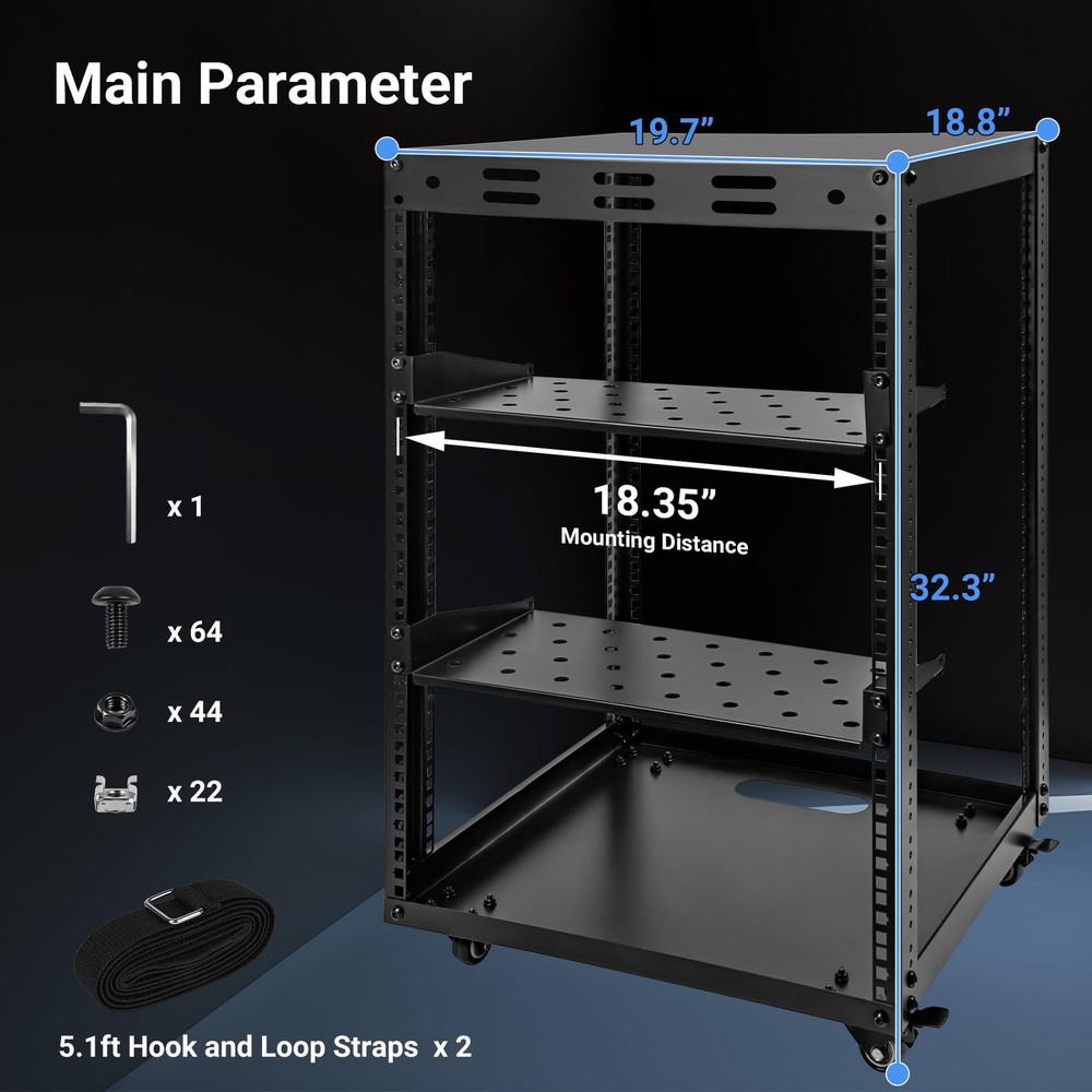 15U Open Frame Server Rack, Wall-mountable IT Rack w/Swivel Casters, 2 Rack S...
