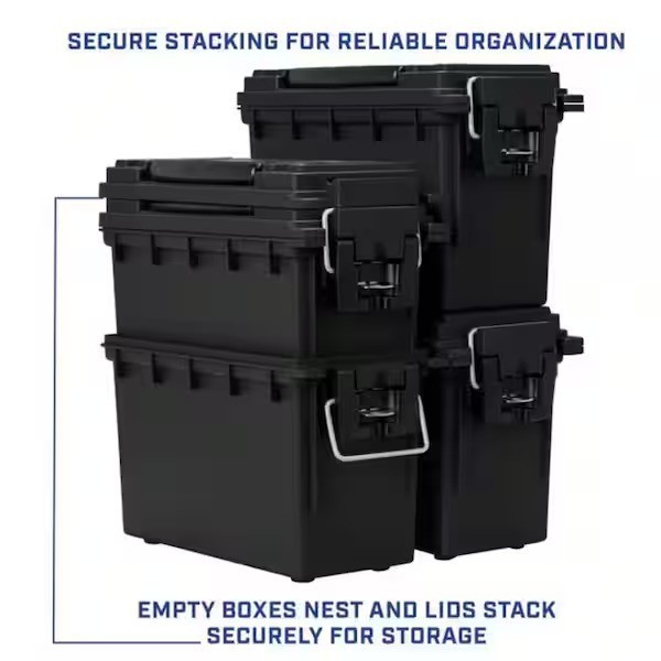 Black Plastic 30 Cal Ammo Can Lockable Stackable Storage Box with Handle