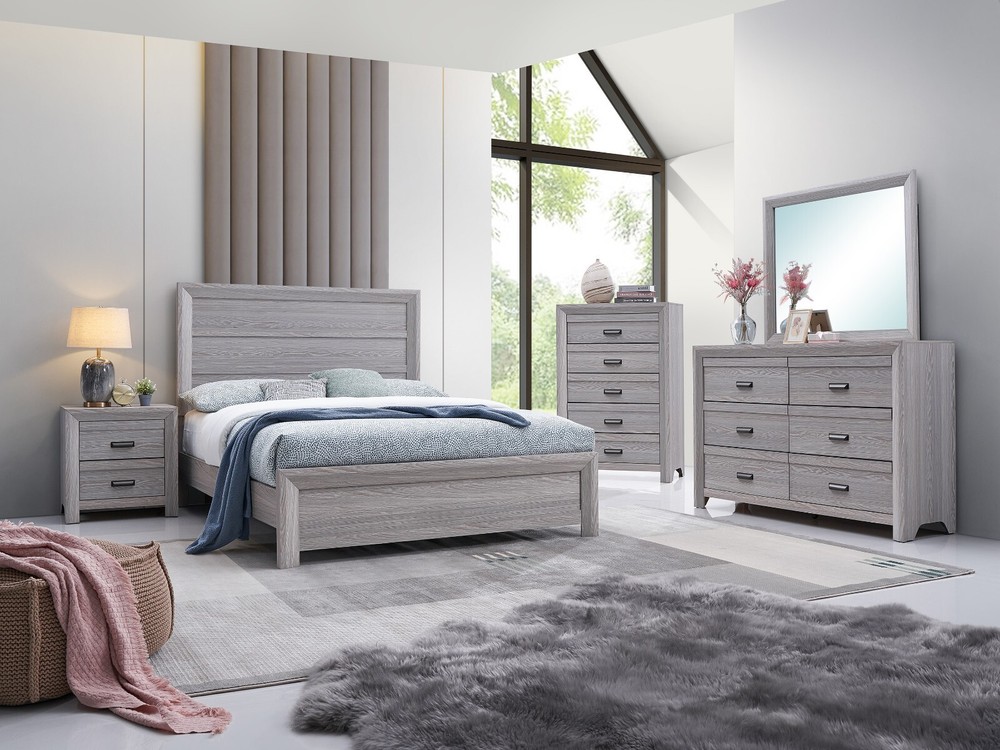 Contemporary Rustic 3Pc Queen Size Panel Bed Chest Nightstand Gray Finish Set