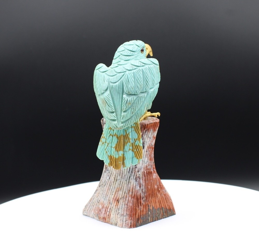 Natural Turquoise Handcrafted Eagle On An Ocean Jasper Trunk Base.