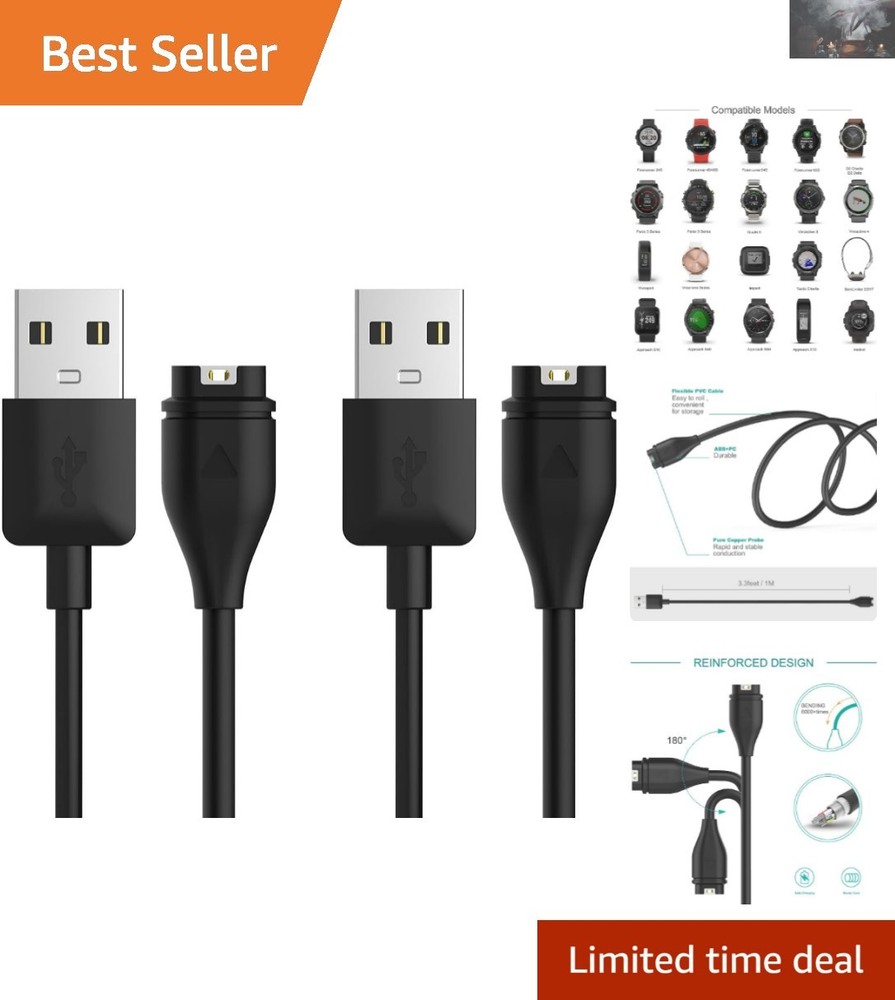 2-Pack 1M USB Charging Cable for Garmin Watches - Fast & Durable