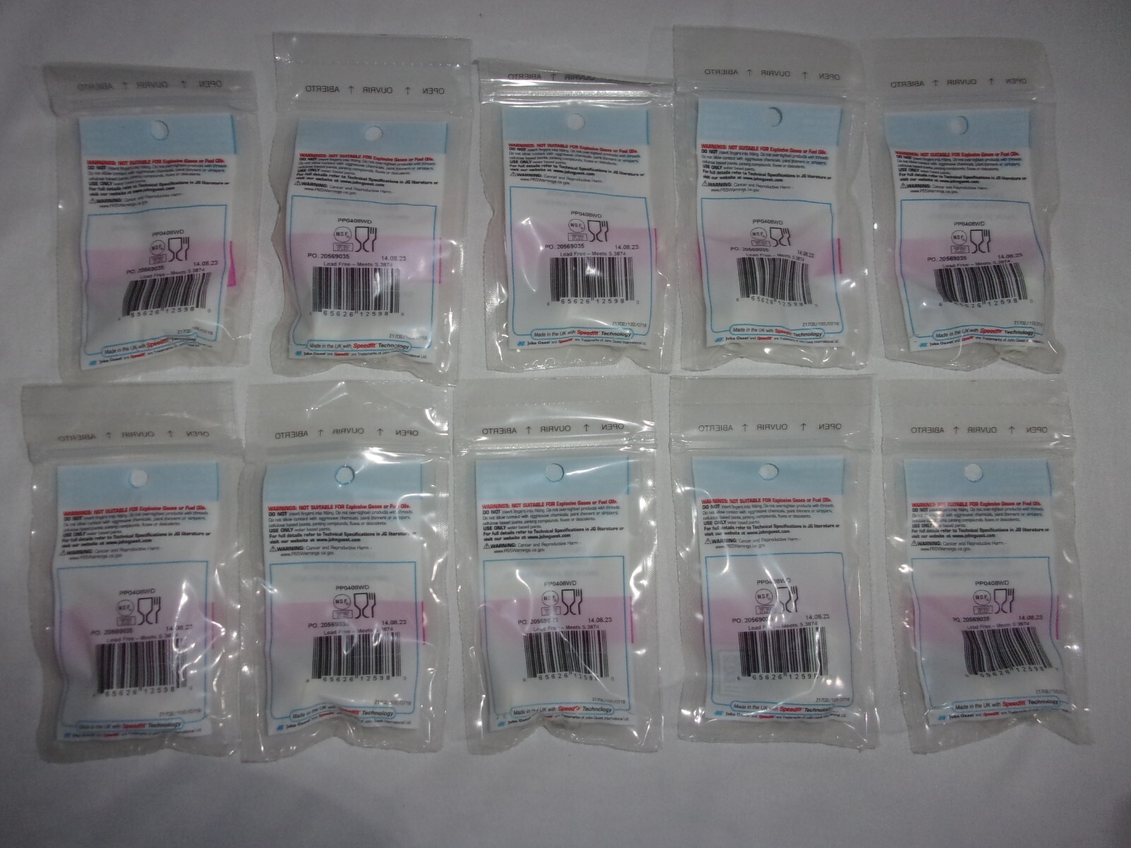 10 Pack John Guest PP0408WD Push Fit Union Coupling 1/4" New