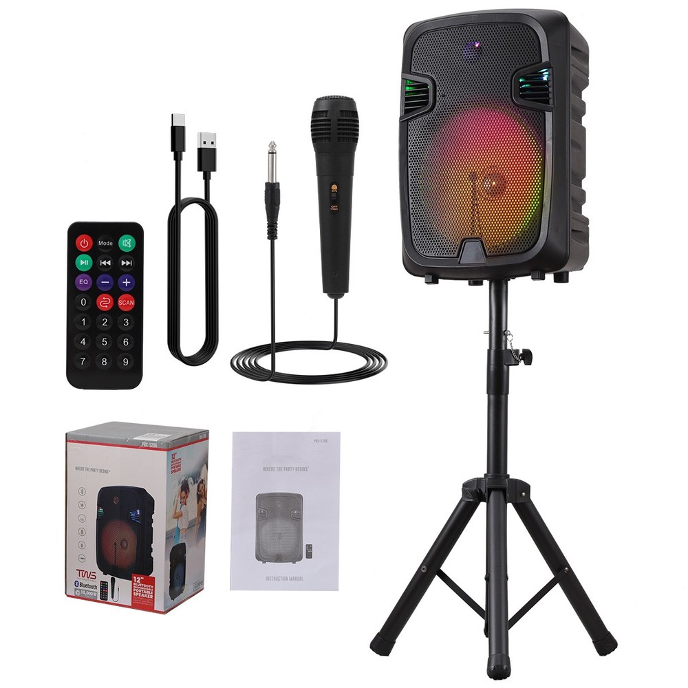 Bluetooth Speaker System 12 Inch Subwoofer with Stand Includes Mic/Guitar Input