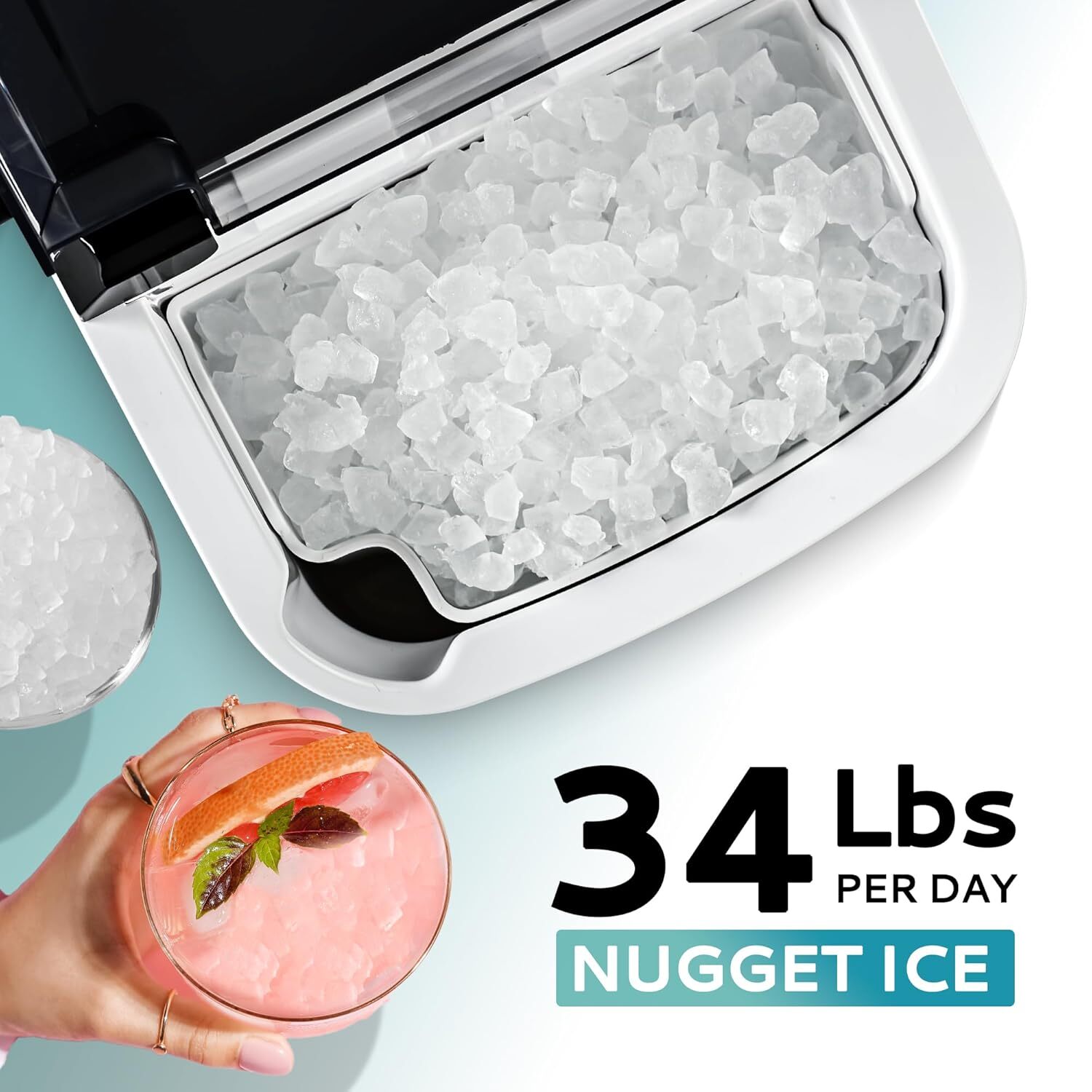 EUHOMY Nugget Ice Maker Countertop with Handle, Ready in 6 Mins, 34lbs/24H