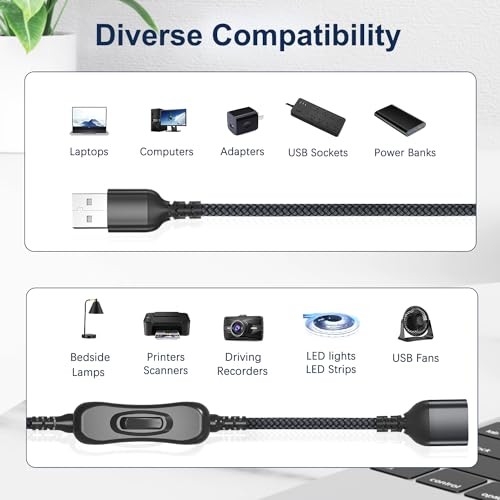 USB On Off Switch Cable,USB Extension Cable Support Data and 6.6FT/2M Black