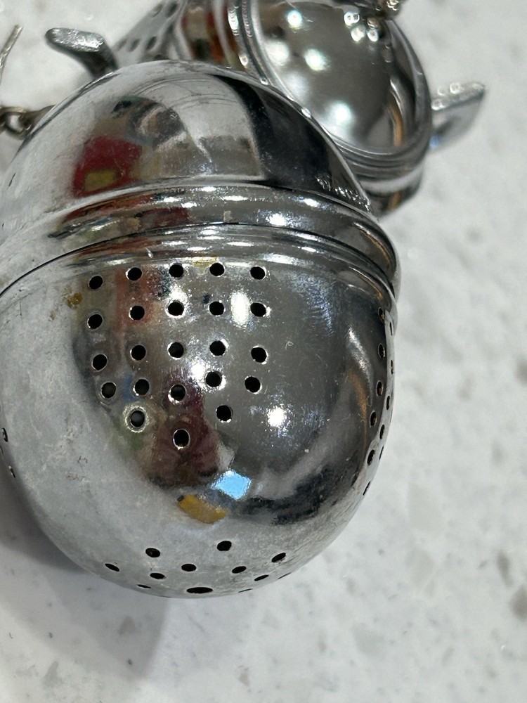 Vintage Set 2 Tea Strainers Infuser On Chains, Round And Teapot Shape