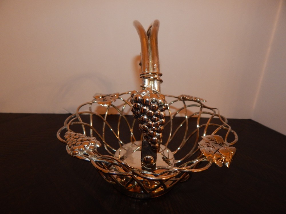 Studio Silversmiths Silver Plated Wire Basket w/ Swivel Handle & Grape Vine Deco