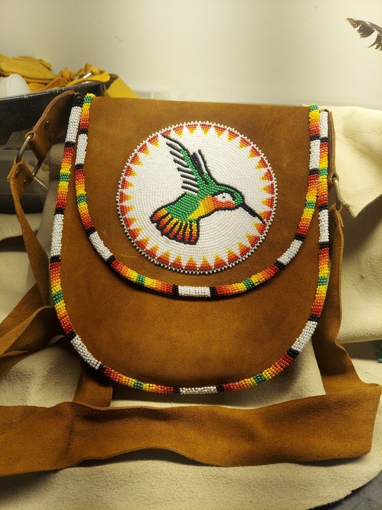 Beaded Leather Shoulder Bag, 36" Strap Hummingbird