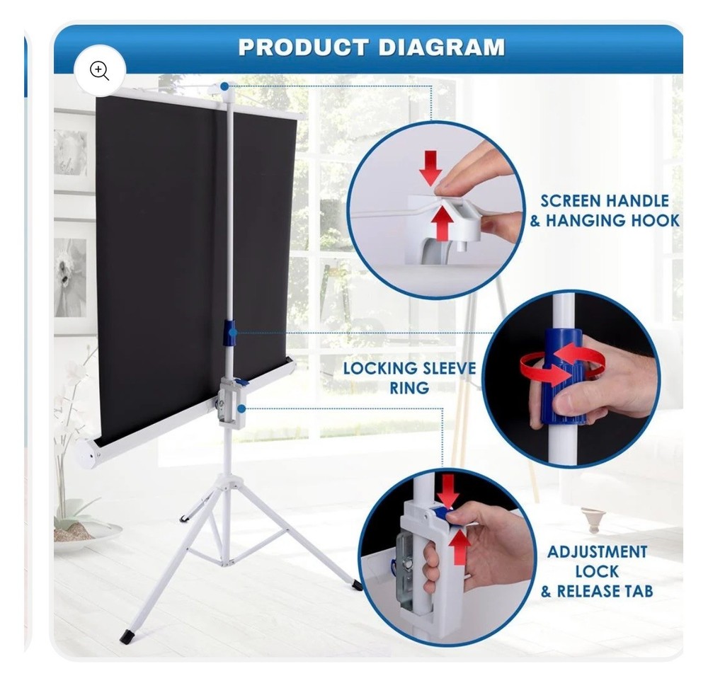 Portable Projector Screen 40" Easy Setup Matte White Tripod Stand