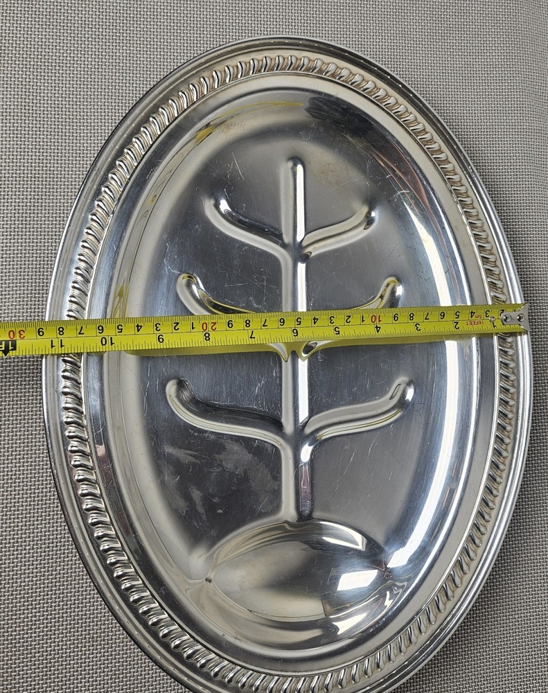 Silver Plate Meat Serving Tray Tree Design Ornate Edge 16" x 11"