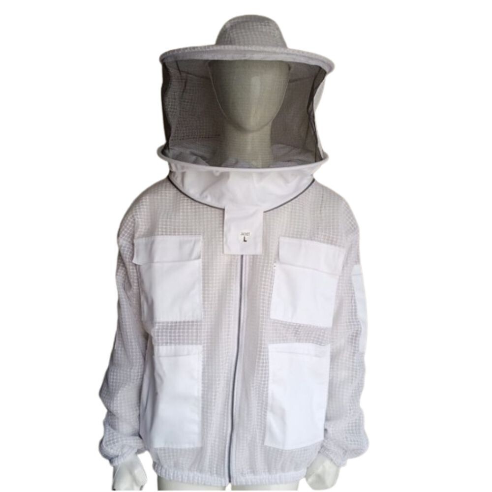 3 Layer Full Ventilated Beekeeping Protective Jacket Round Cap, White, Large