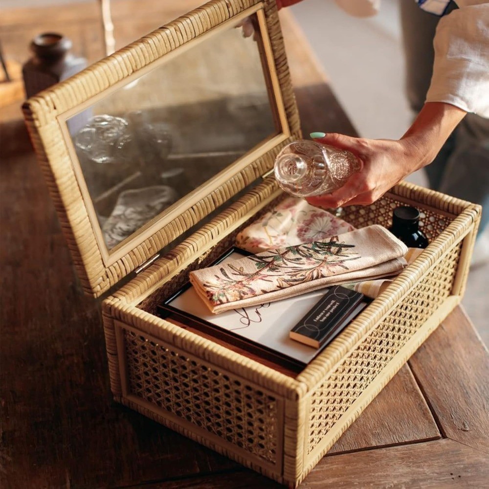 Large Handwoven Rattan Display Box Set with Glass Lids Rectangular Boho