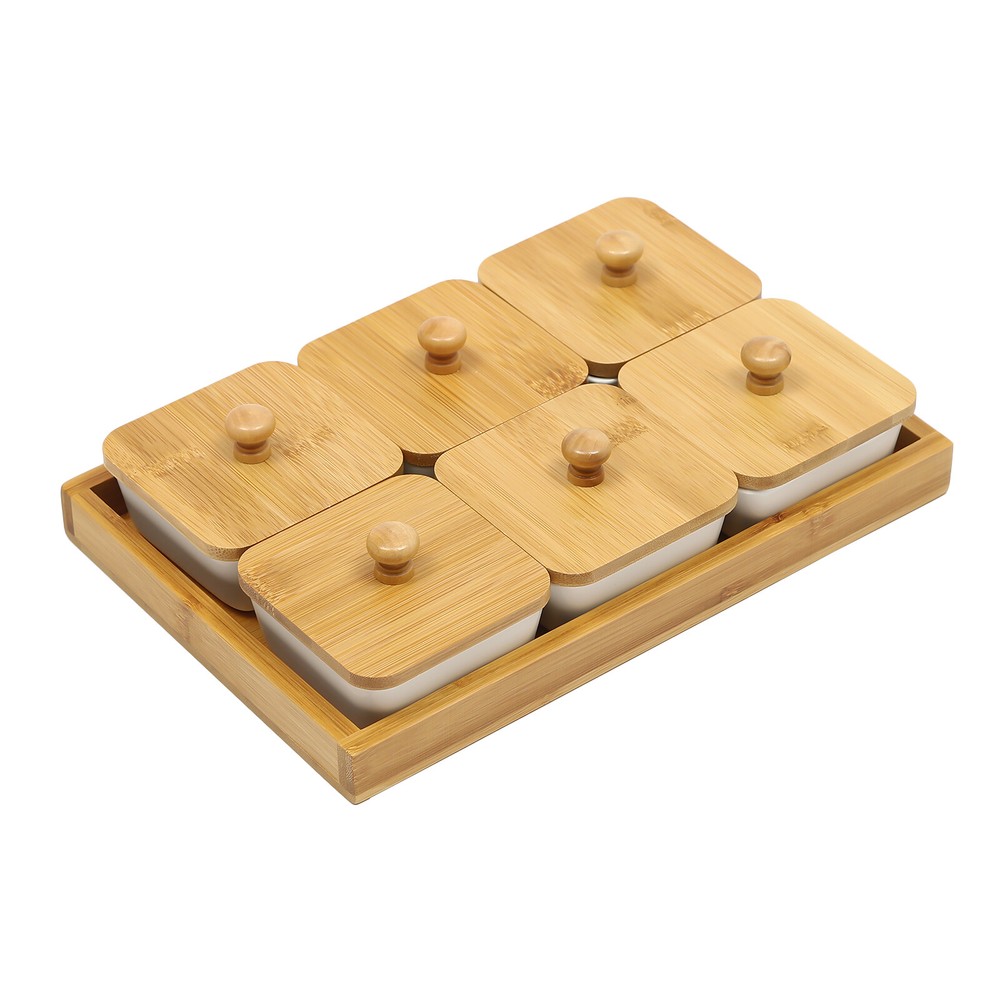 Ceramic Snack Serving Tray Set with Bamboo Lids - 6 Piece Platter