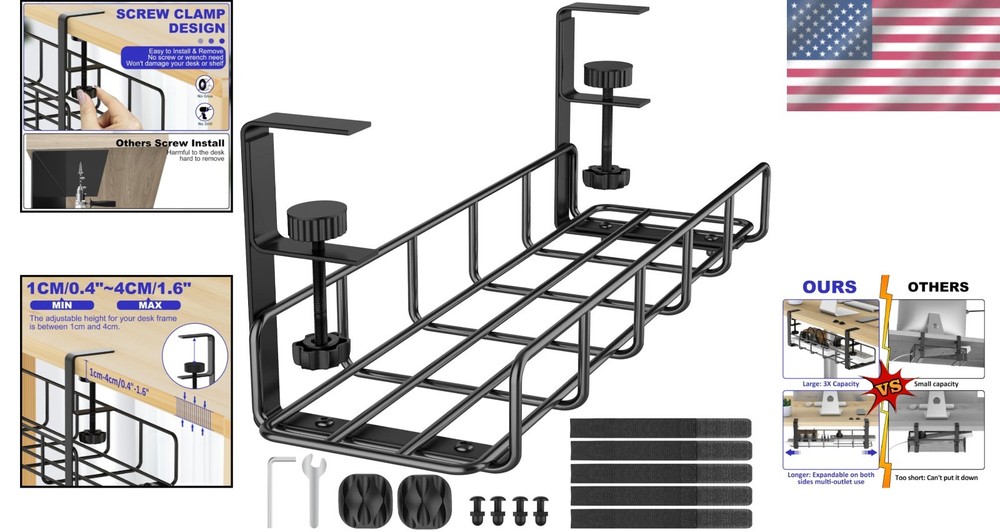 Adjustable 15.7” Wire Management Tray with Clamps - Declutter Your Workspace