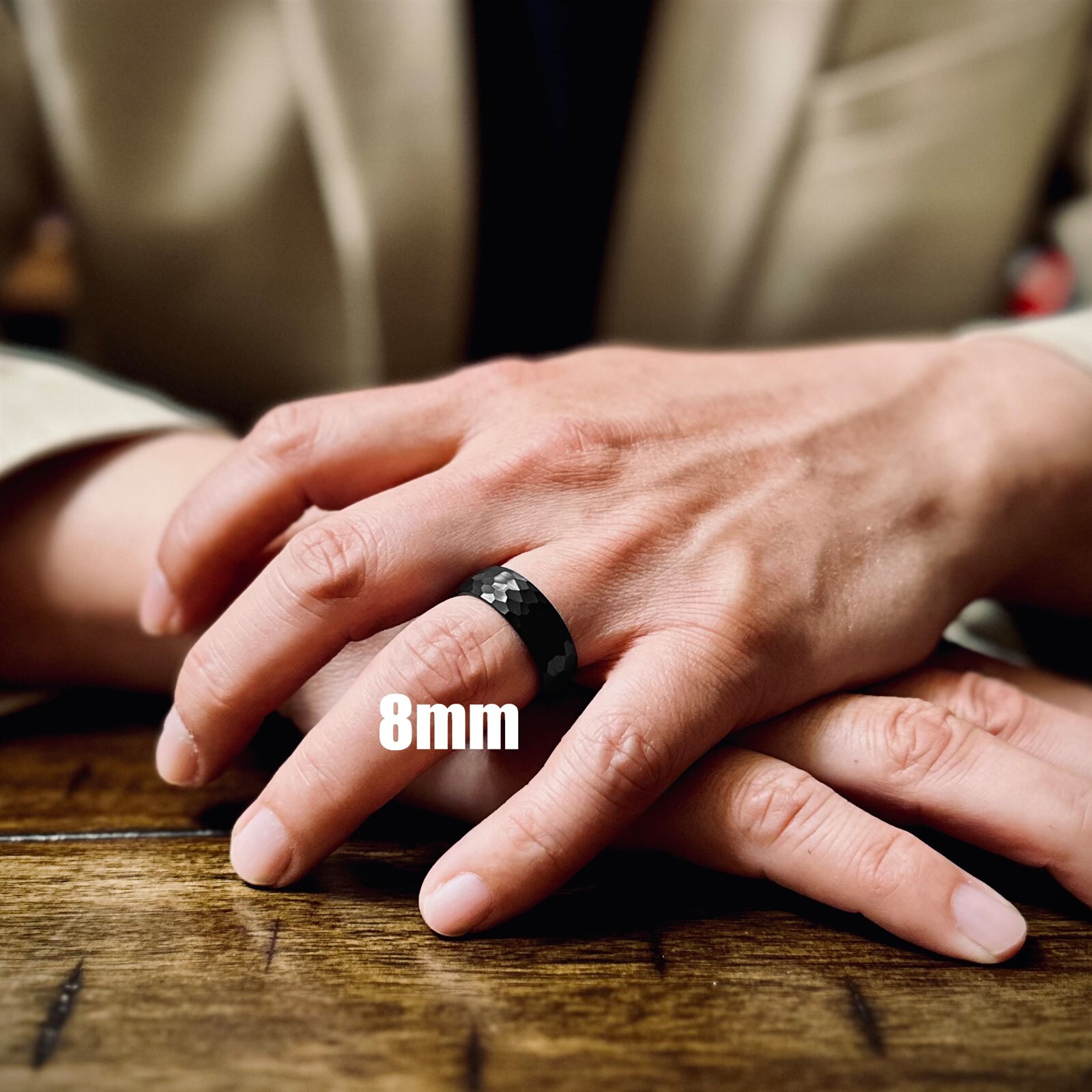 Black Tungsten Carbide Hammered Brushed Finish Men's Wedding Band Ring