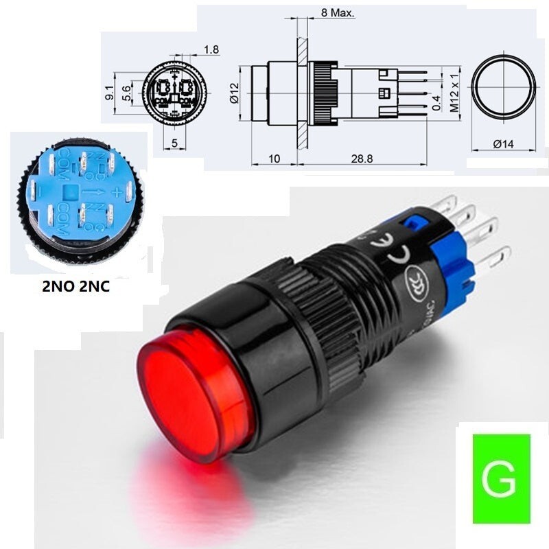 12mm DPDT Illuminated ON/OFF Round Plastic Push Button Switch (LAS2Y-Z)