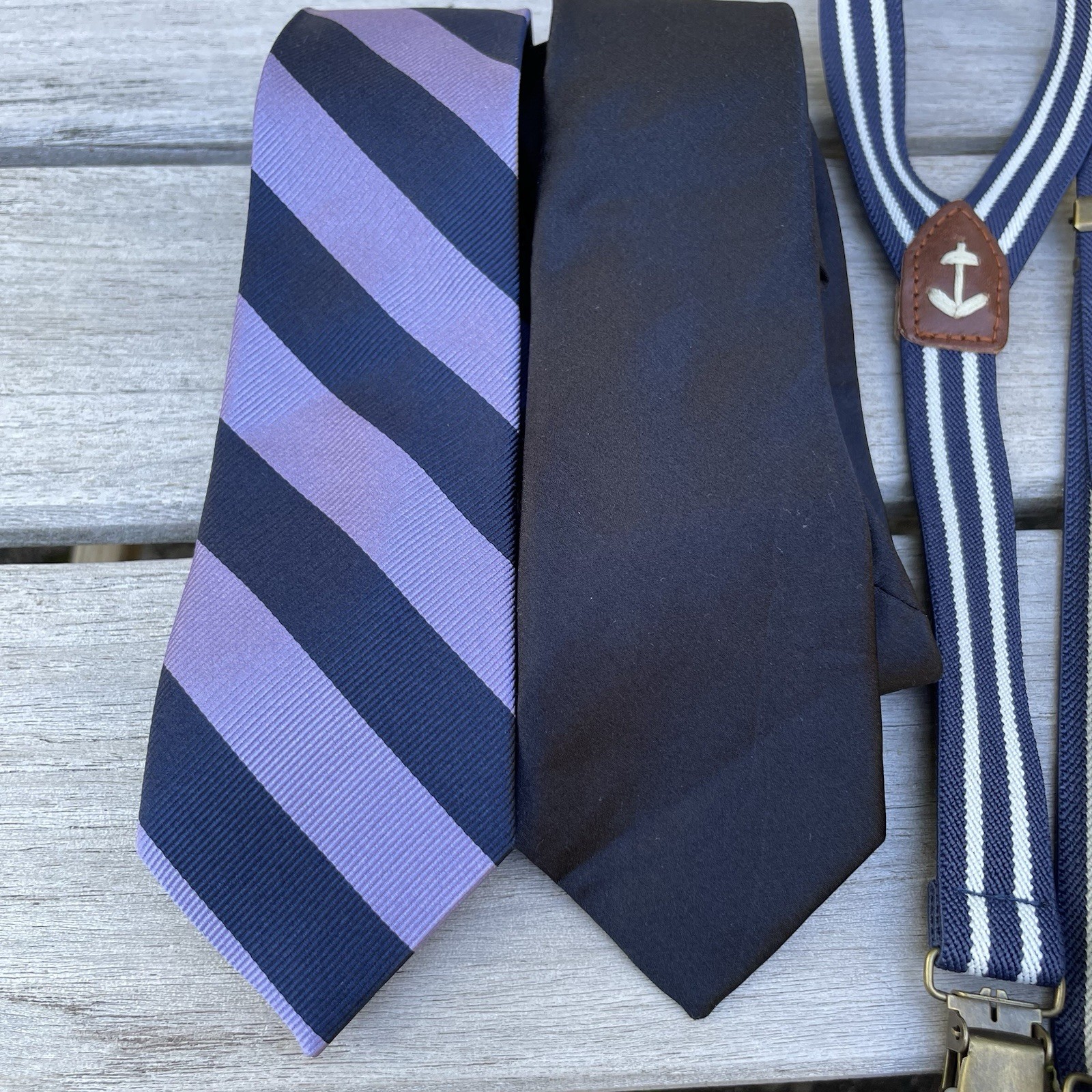Boy's J CREW CREWCUTS Lot of 2 Neckties and Suspenders Navy Purple Stripe 2.5x52