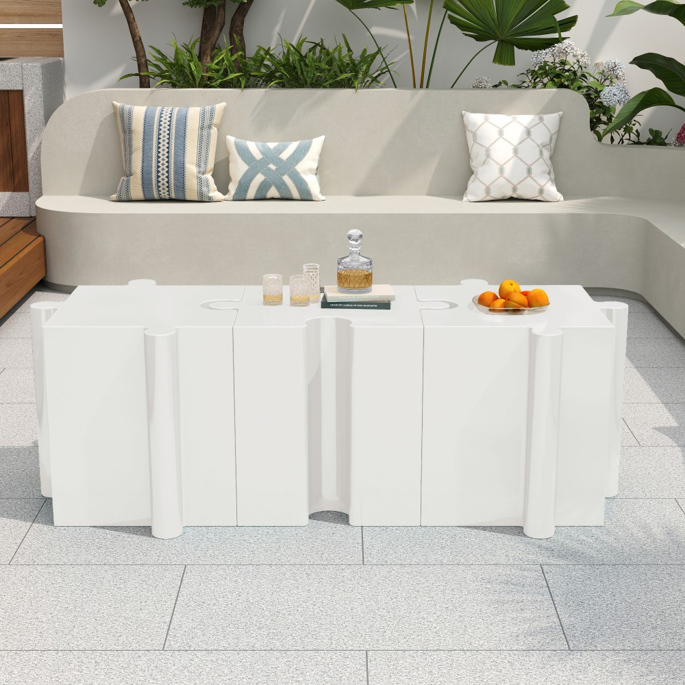 White Modular Puzzle Side Table w/ Convex Edge for Indoor & Outdoor