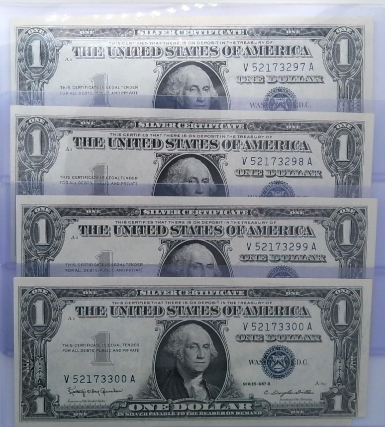 1935 $1 Silver Certificates Consecutive Run V52173297A - V52173300A