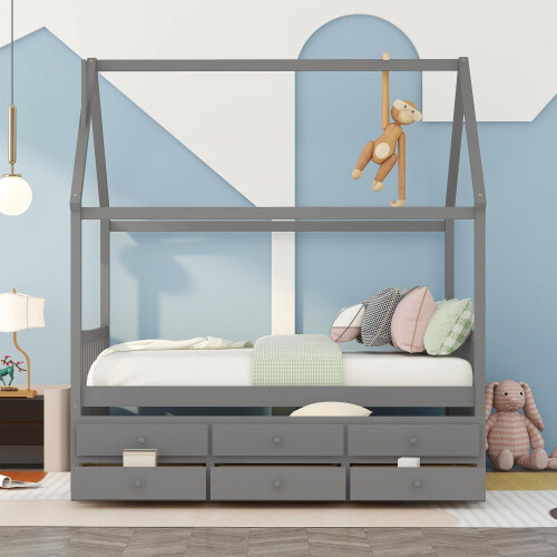 Solid Wood Captain’s Bed Full Size House Bed Frames w/ Trundle & Storage Drawers