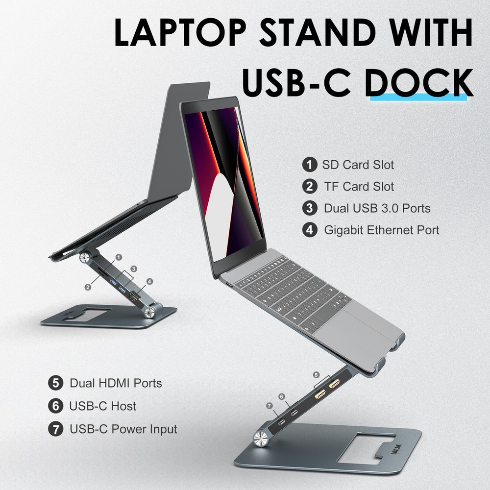 Adjustable Computer Riser Laptop Stand USB C Dock Dual HDMI for 10-17" Laptop