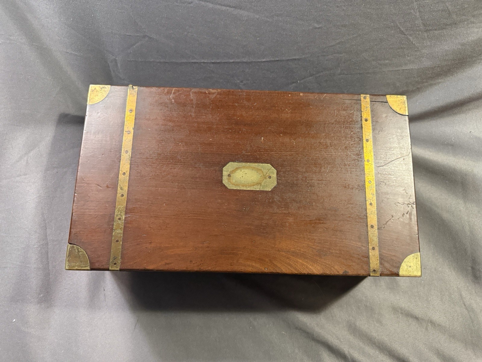 Early Antique Wood & Brass Bound Military Campaign Writing Desk