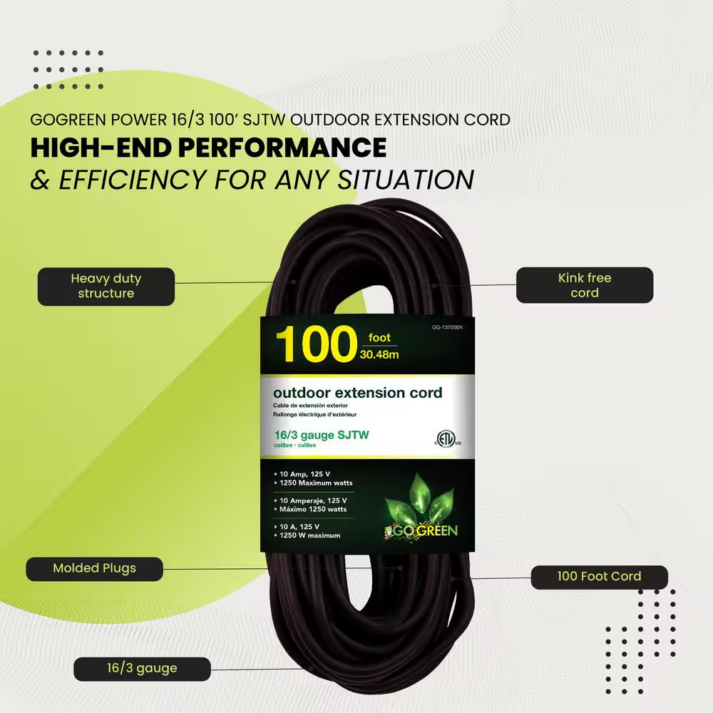 100 Ft. 16/3 SJT W-A Extension Cord - Black