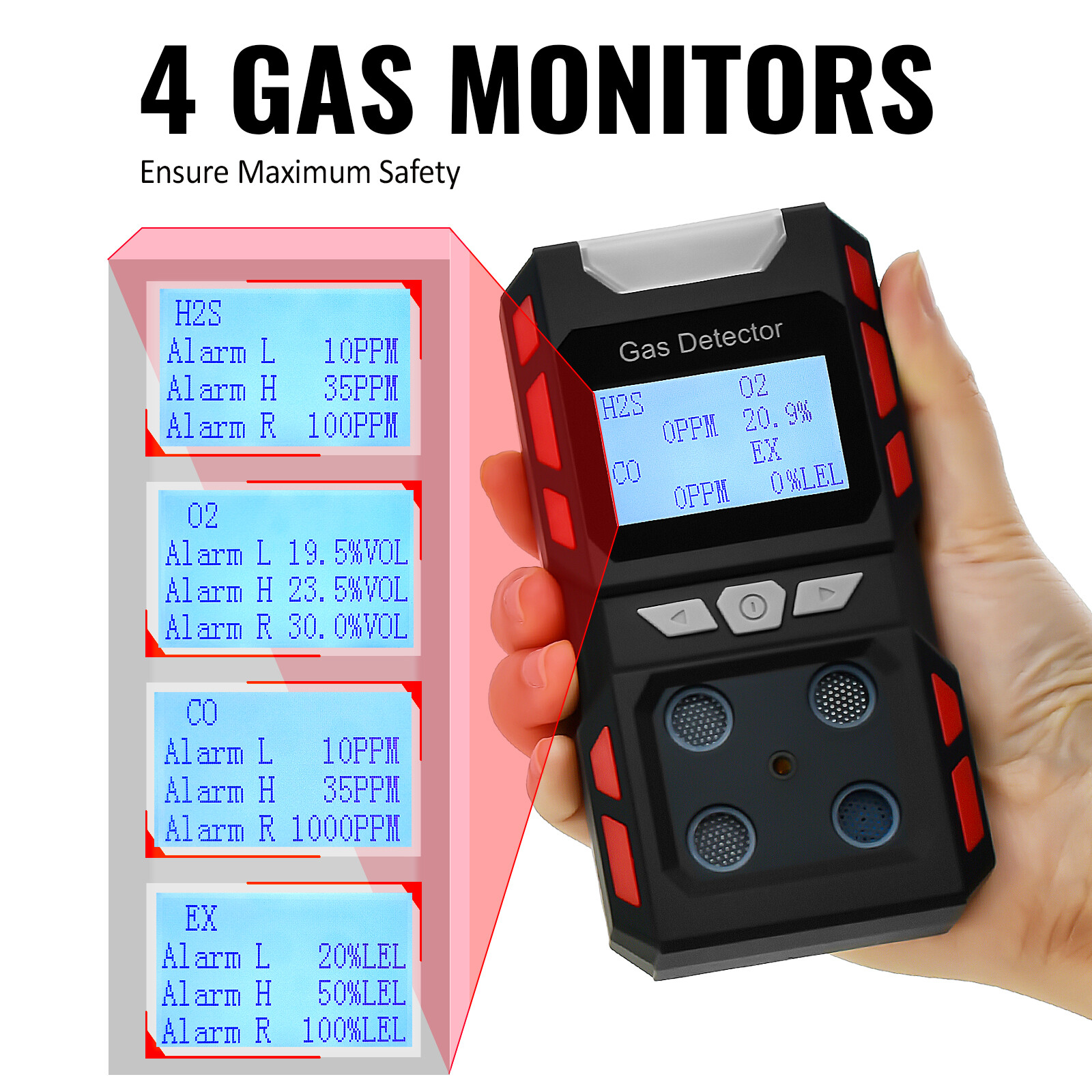 Portable Gas Detector Gas Clip 4-Gas Monitor Meter Tester Analyzer Rechargeable