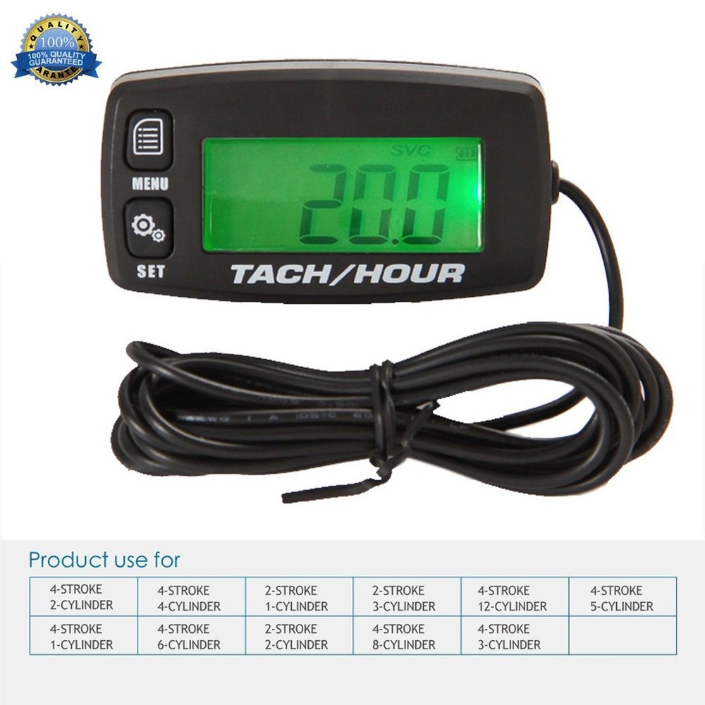 Engine Hour Meter Inductive Tachometer Backlit Gauge Digital Resettable Tach ...