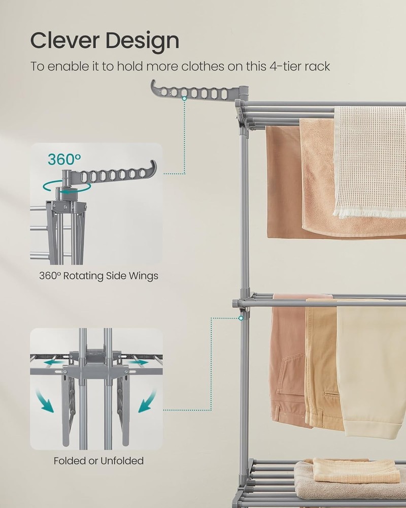 4 Tier Drying Rack, Foldable Drying Rack, Telescopic Pole, Stainless Steel
