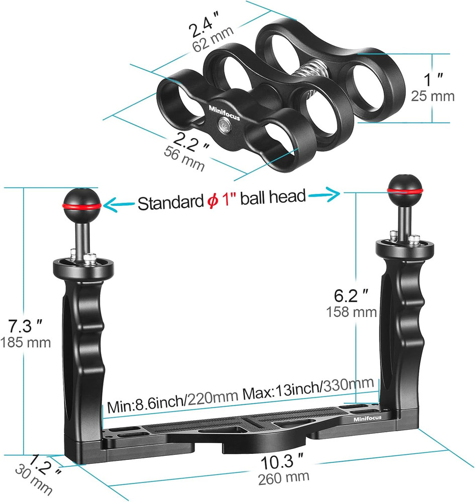 Underwater Camera Handle Tray Bracket, Dual Handle Extendable Aluminum Alloy Vid